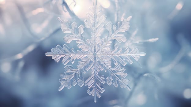 A Frosty Macro View of a Snowflake Glistening on a Branch.