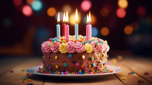 A Delightful Birthday Cake with Vibrant Pink Frosting and Sparkling Candles.
