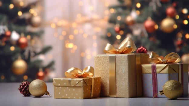 A group of presents sitting next to a christmas tree.