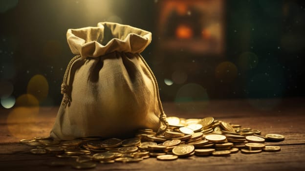 A bag of gold coins sitting on top of a wooden table.