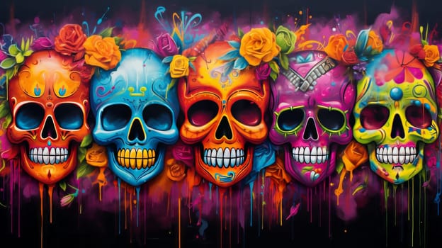 A Vibrant Collection of Colorful Painted Skulls.