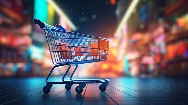 A shopping cart in a store aisle with motion blur.