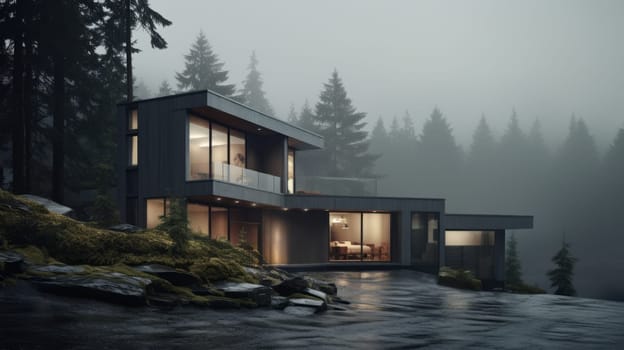 A house in the middle of a foggy forest.