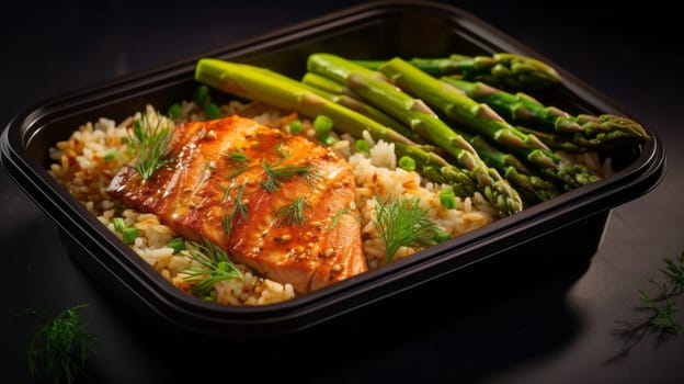 A black container filled with rice, asparagus and salmon.