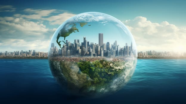 A picture of a city in a glass ball in the middle of a body of water.
