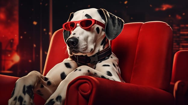 Dalmatian Dog with Stylish Sunglasses Relaxing in Vibrant Red Chair.