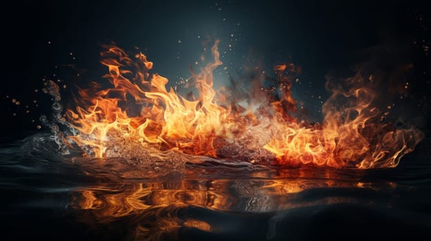 Struggle of fire flames and water splash on dark background.