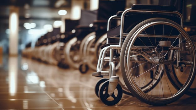 A row of empty wheelchairs in a hospital hallway.