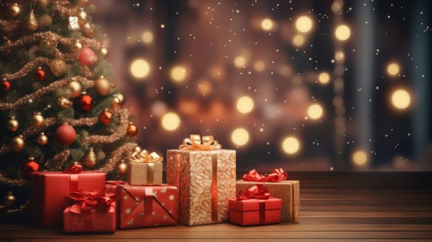 A group of presents sitting next to a christmas tree.