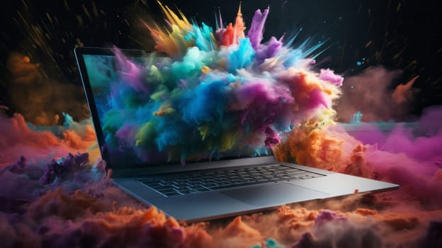 An open laptop computer with explosion colorful paint on the screen.