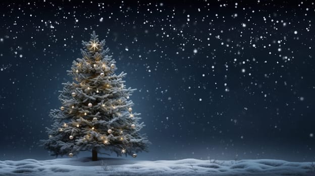 A snow covered christmas tree in the middle of the night.