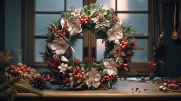 A Beautiful Wreath Adorned With Colorful Blooms and Juicy Berries.
