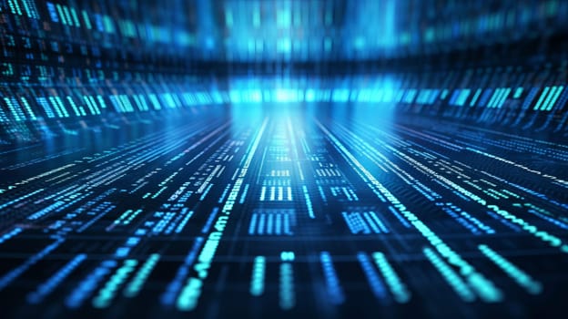 Blue digital binary data on computer screen background.