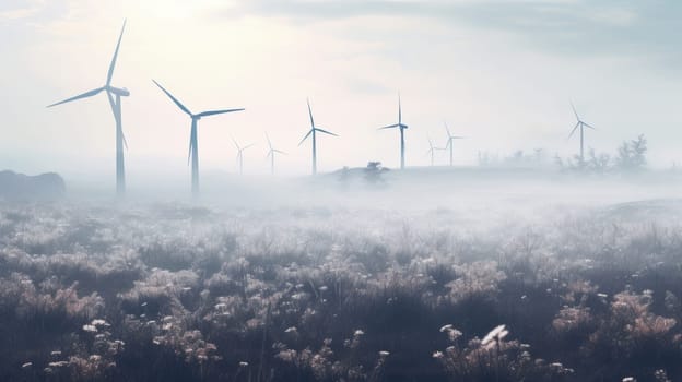 A Misty Landscape With Distant Windmills.