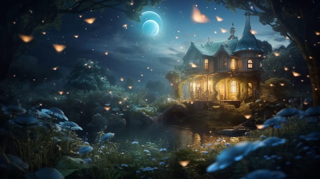 A Solitary Home Surrounded by Dense Woods Under the Starry Night Sky.