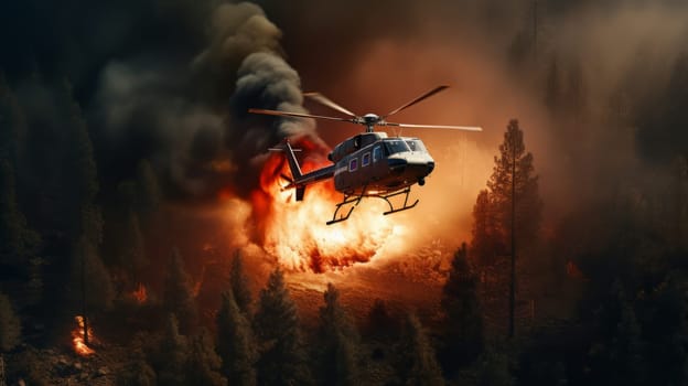Helicopter Observing Forest Fire From Above.