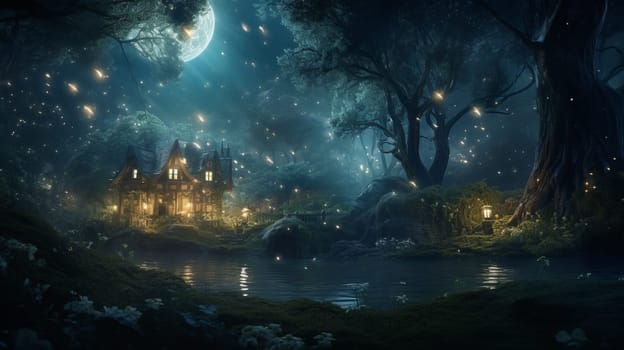 Castle in the Enchanted Forest at Midnight.