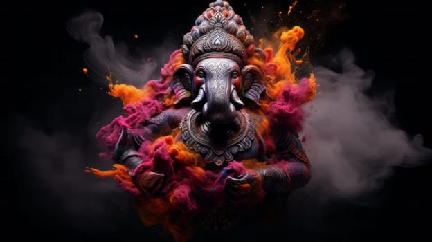 Ganesha with elephant head in holy colorful paint dust splash. Religion and culture concept.
