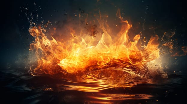 Struggle of fire flames and water splash on dark background.