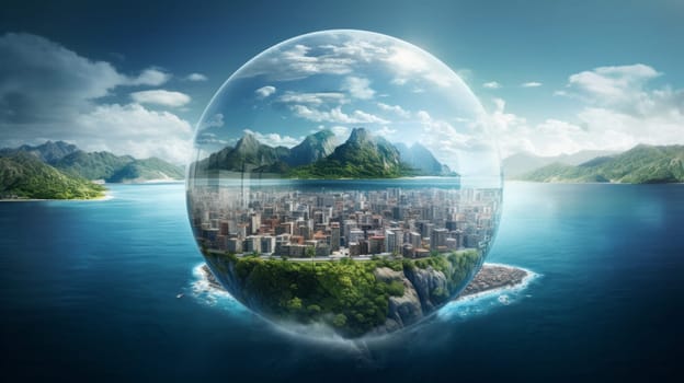 Island Oasis Surrounded by Serene, Tranquil, Secluded, Calming, Picturesque WatersA picture of a city in a glass ball in the middle of a body of water.