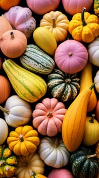 A bunch of pumpkins that are all different colors.