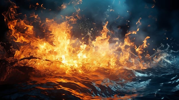 Struggle of fire flames and water splash on dark background.