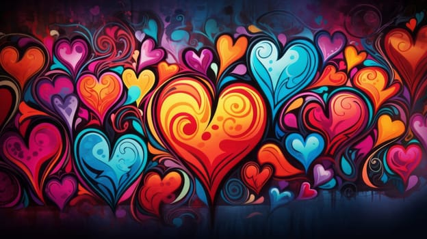 Colorful hearts painted on a wall. Graffiti background.