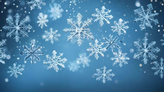 Snowflakes are falling down on a blue background.