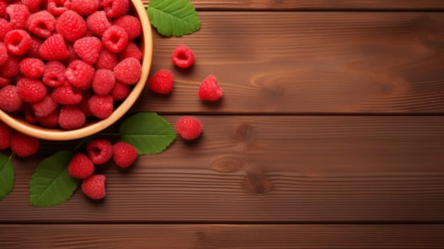 Delicious Raspberries in a Rustic Wooden Bowl on a Natural Table.