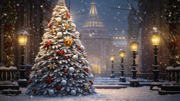 A christmas tree in the middle of a snowy street.