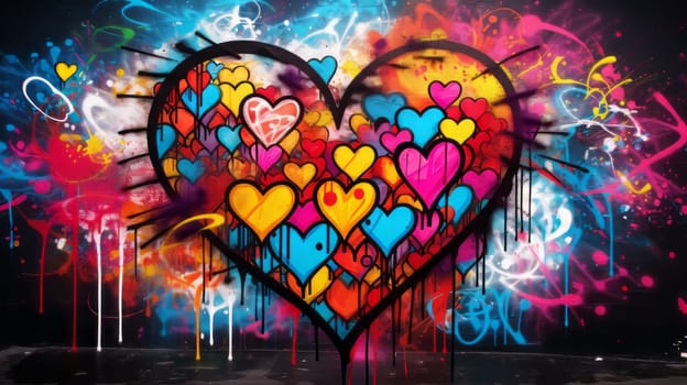 A colorful grafitti of heart with lots of hearts painted on it.