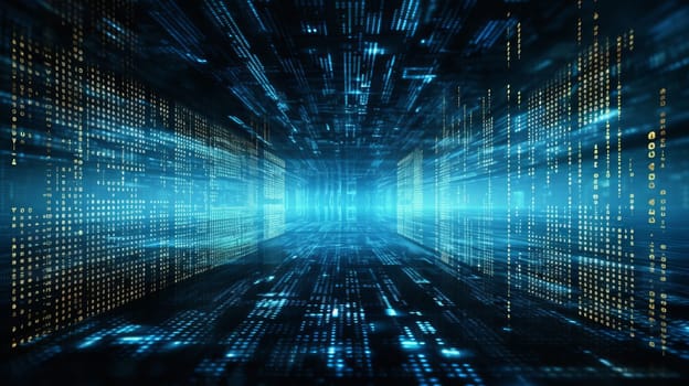 A Spacious Chamber Blue digital binary data on computer screen background by an Array of Dazzling Blue Lights.