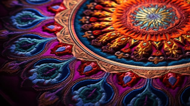 A close up of a colorful vibrant carpet original design.