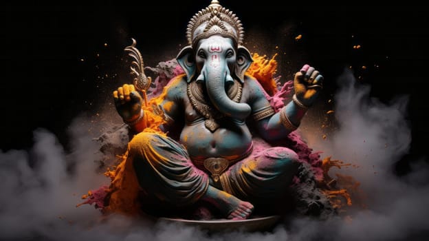 Ganesha with elephant head in holy colorful paint dust splash. Religion and culture concept.