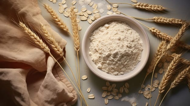 A bowl of oat flou next to some ears of oats.