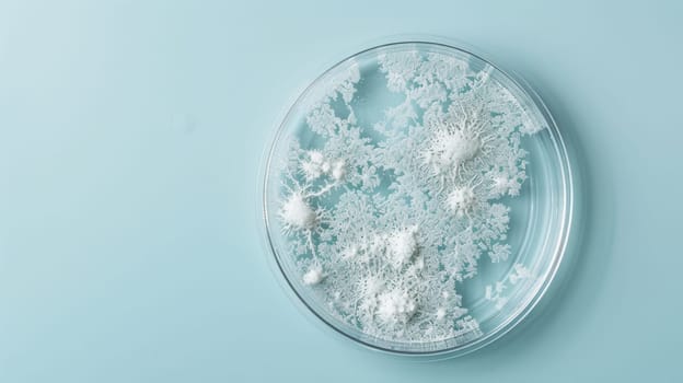 Petri dish with mold spores on blue background, scientific research concept.
