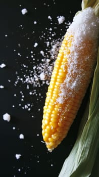 Corn on the cob with salt on a dark background.