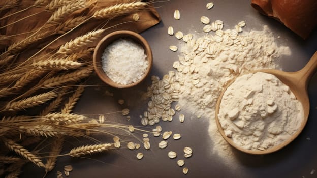 Oat wholegrain flour with oat flakes on table.