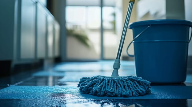 Mop and bucket on wet floor in modern kitchen, morning light. Cleaning concept.