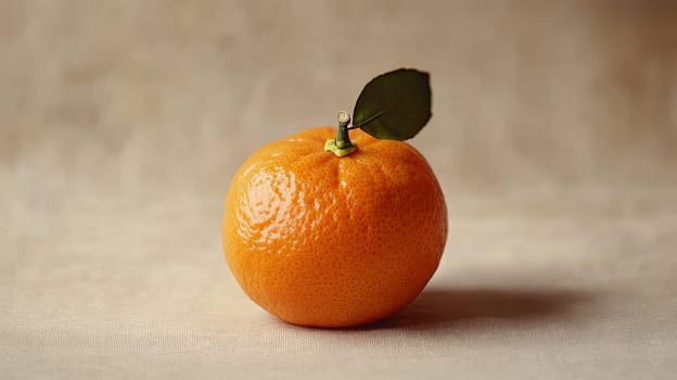 Fresh orange mandarin with leaf on neutral background, close-up. Healthy eating and organic food concept.