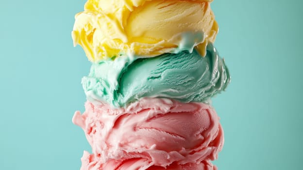 Stack of colorful ice cream scoops on blue background, close-up. Summer dessert and food concept.