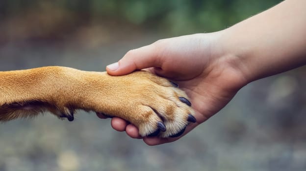 Human hand holding dog paw, close-up outdoor shot. Friendship and trust between human and pet concept.