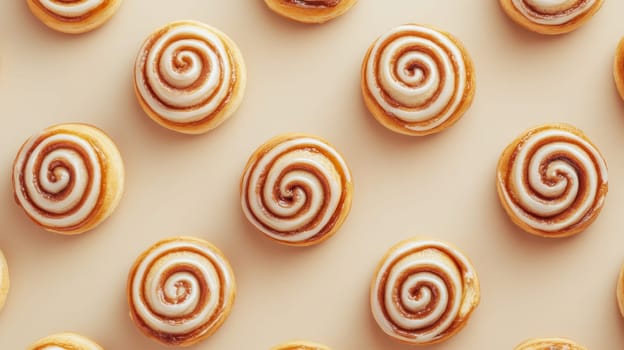 Cinnamon rolls with icing on beige background, dessert pattern. Sweet treat concept.