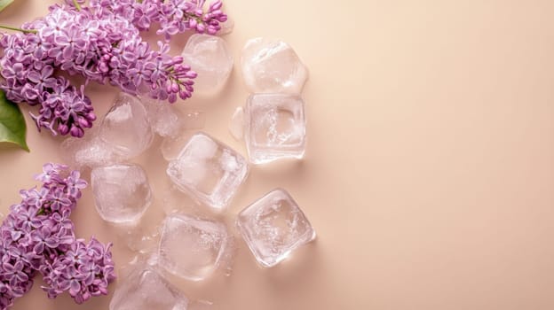 Lilac flowers and ice cubes on beige background, minimalistic composition. Refreshing summer concept.