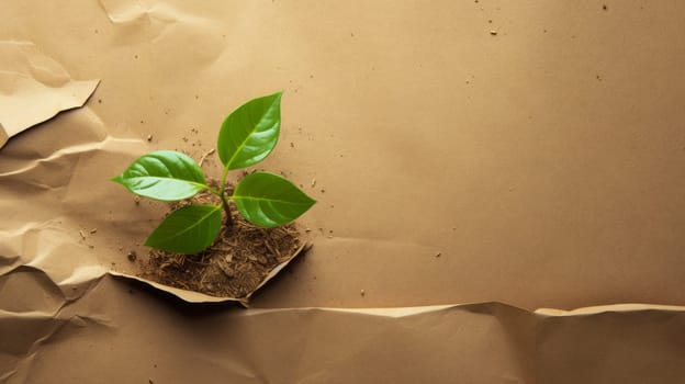 A plant sprouting out on a beige of paper background.