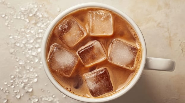 Close-up of iced coffee with ice cubes in a white mug on a light background. Refreshing summer drink concept.
