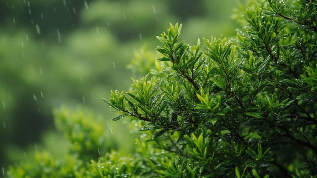 Close-up of green foliage in the rain, nature freshness concept.