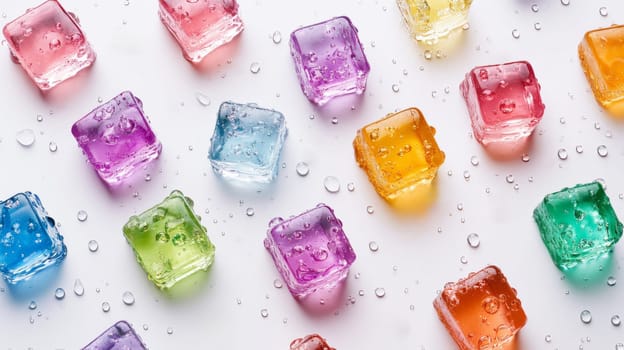 Colorful ice cubes with water drops on white background, abstract pattern. Refreshment and summer concept.