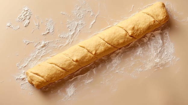 Rolled dough log on a floured surface, baking preparation. Culinary concept.