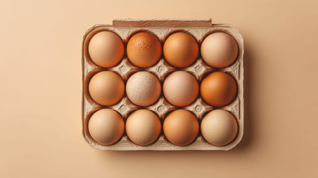 Carton of twelve eggs on a beige background, overhead view. Minimalist food concept.
